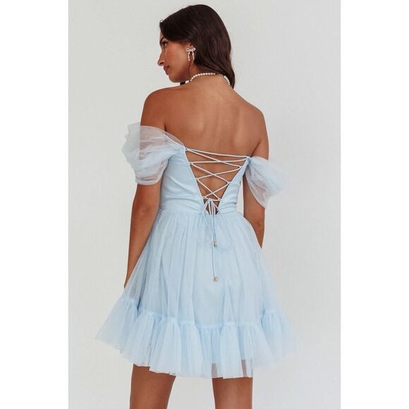 NWT SELFIE LESLIE PIXI OFF-SHOULDER LACE-UP BACK BACK DRESS Baby Blue S - Picture 3 of 8